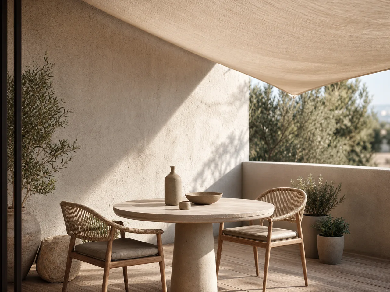 Coin terrasse ombragé par une toile claire au-dessus d'une table