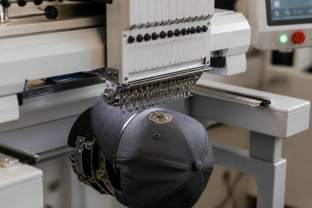 Logo brodé sur casquette par une machine professionnelle